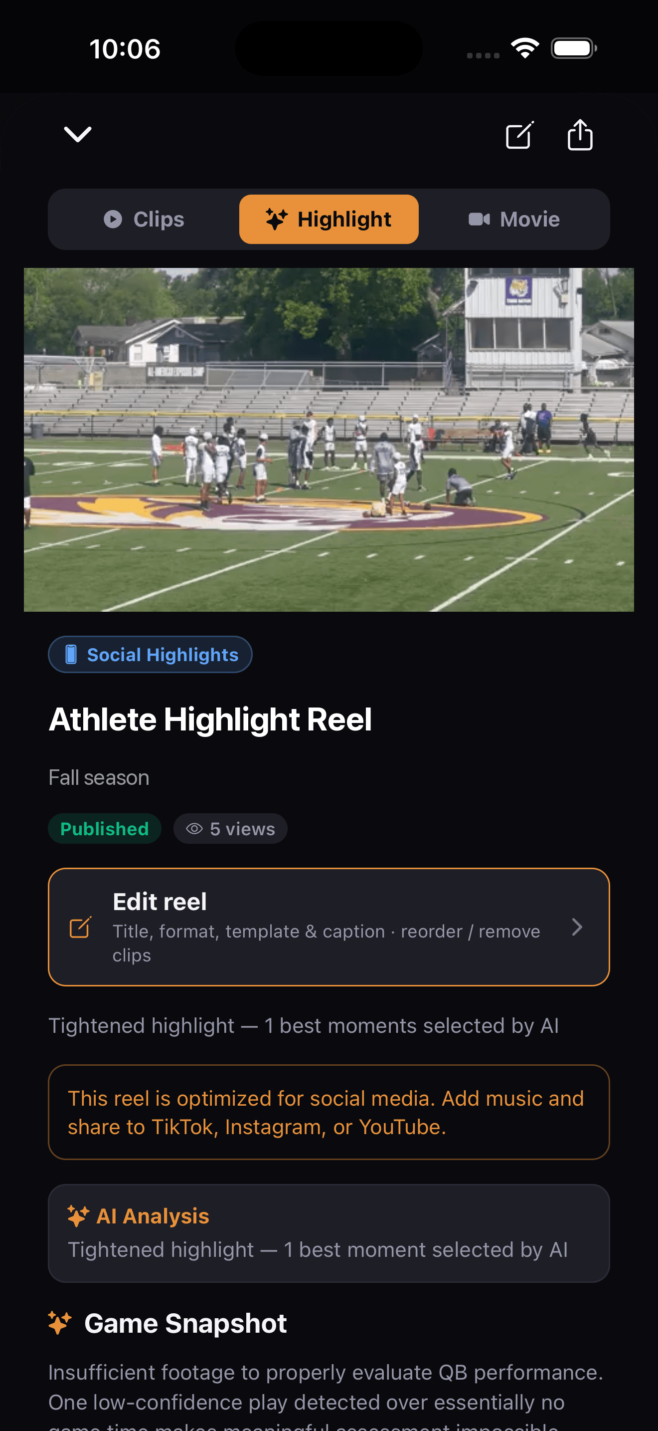 NextPlay highlight reel player on iPhone