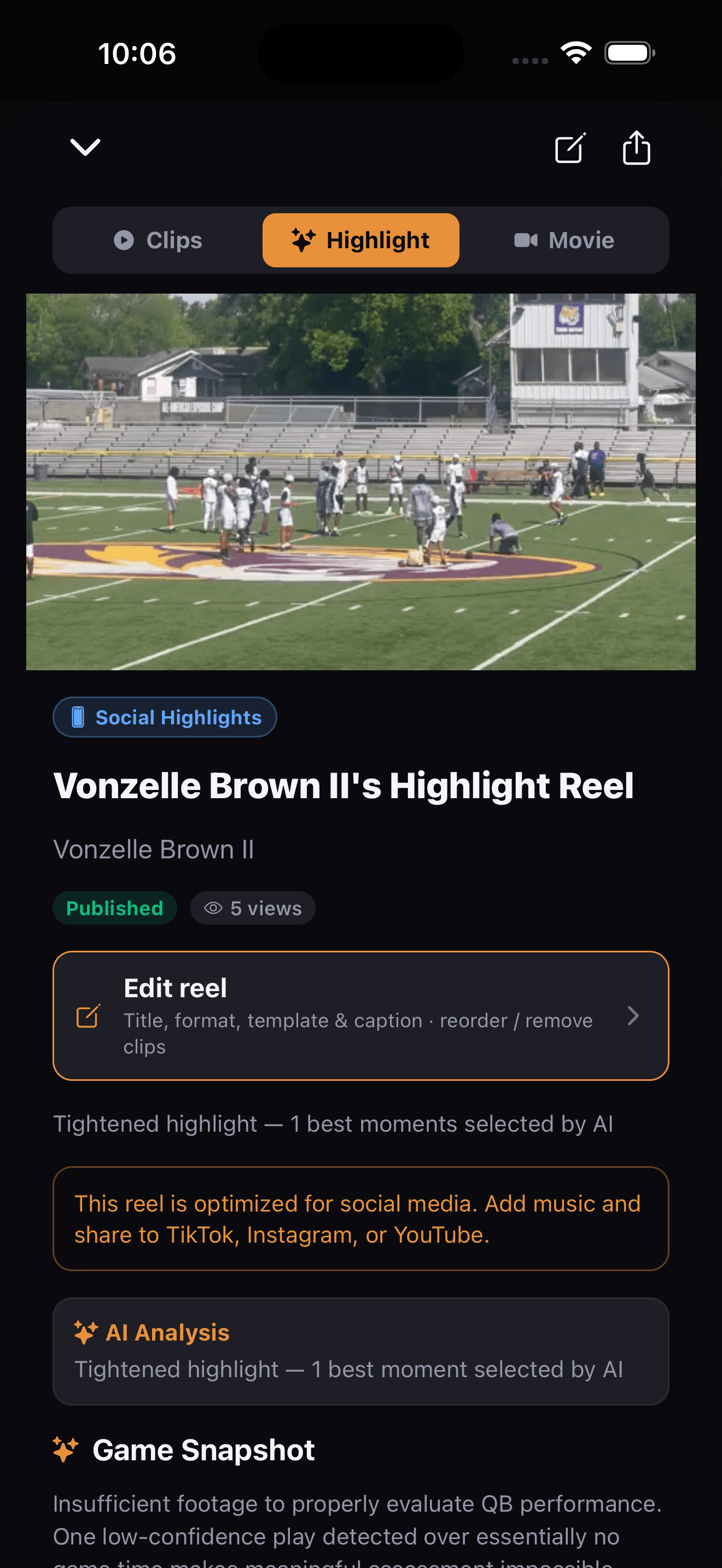A highlight reel playing in NextPlay on iPhone
