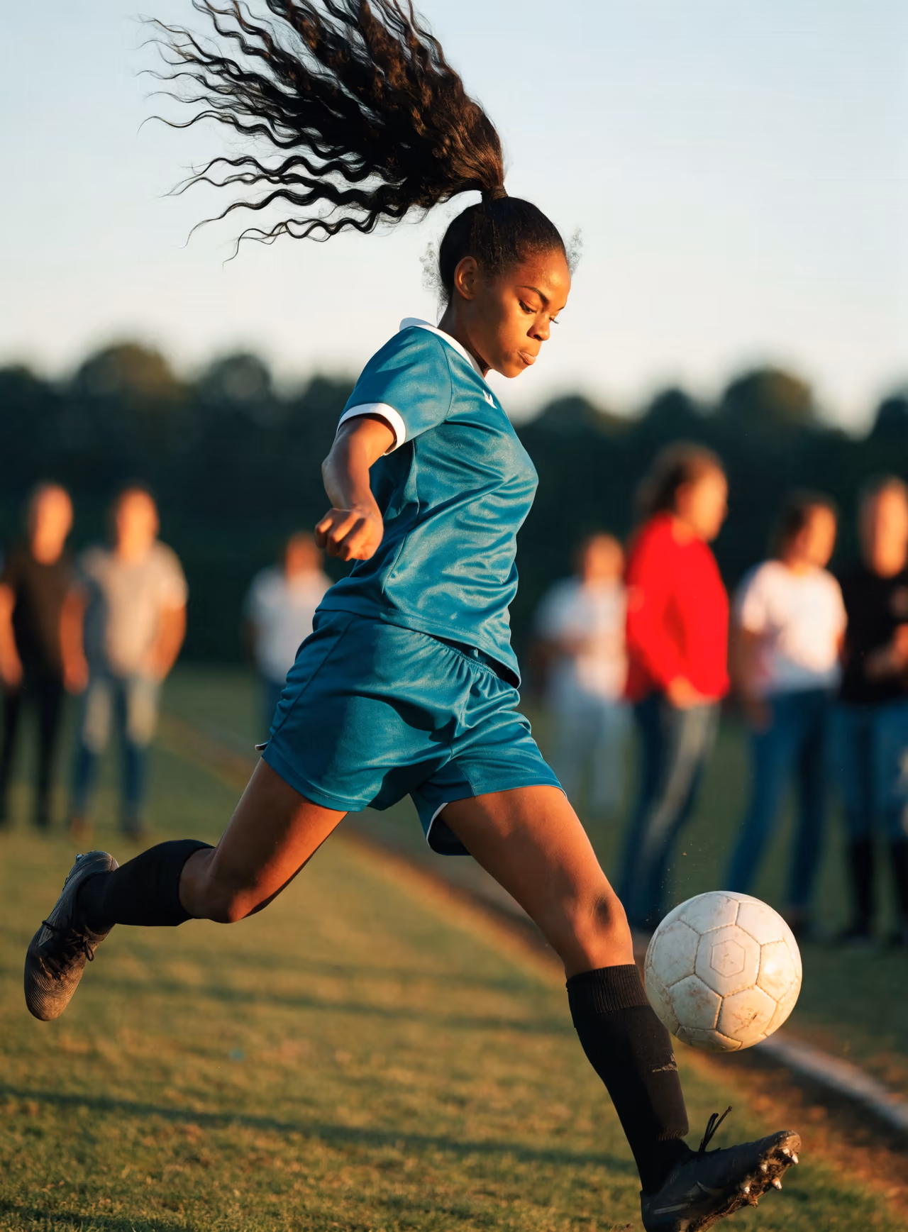 A shared NextPlay highlight reel open on an iPad: a young soccer player striking the ball at golden hour